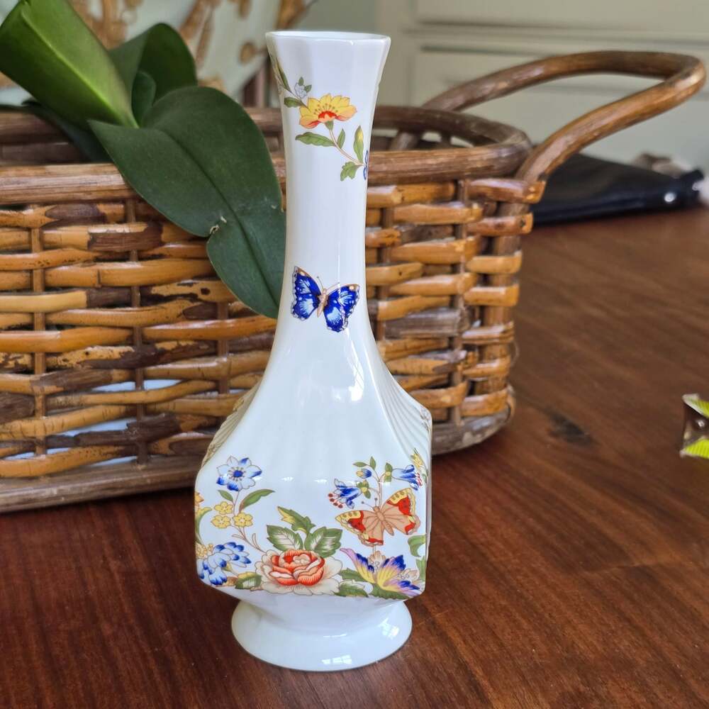 Vintage Aynsley Bone China Cottage Garden Vase White Multi Floral Cottagecore